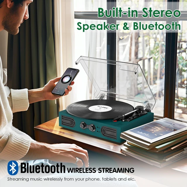 Alt view image 3 of 7 - Vinyl Record Player with Built-in Speakers 3-Speed Vintage Record Player Support Treble& Bass Control, 3.5mm Headphone Jack, RCA-Out/Aux in, Belt-Driven LP Turntable,Dark Green