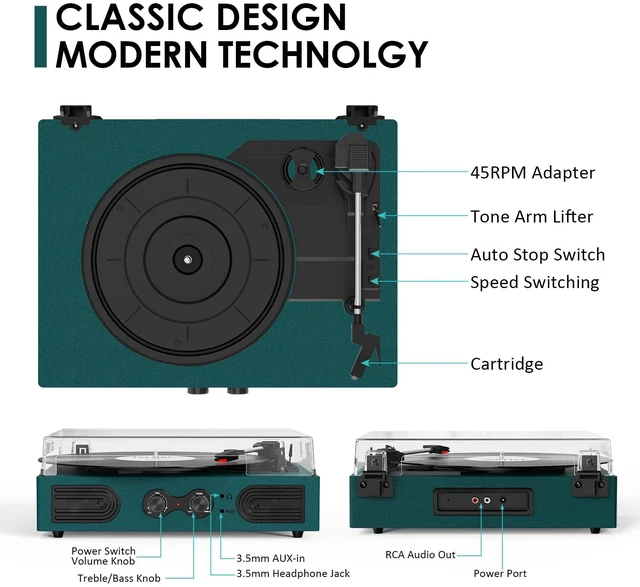Alt view image 4 of 7 - Vinyl Record Player with Built-in Speakers 3-Speed Vintage Record Player Support Treble& Bass Control, 3.5mm Headphone Jack, RCA-Out/Aux in, Belt-Driven LP Turntable,Dark Green