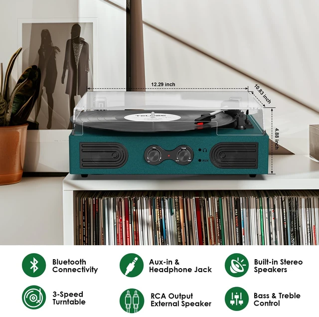 Alt view image 5 of 7 - Vinyl Record Player with Built-in Speakers 3-Speed Vintage Record Player Support Treble& Bass Control, 3.5mm Headphone Jack, RCA-Out/Aux in, Belt-Driven LP Turntable,Dark Green