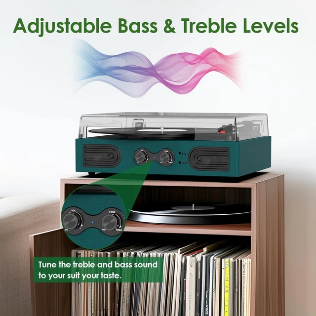 Alt view image 6 of 7 - Vinyl Record Player with Built-in Speakers 3-Speed Vintage Record Player Support Treble& Bass Control, 3.5mm Headphone Jack, RCA-Out/Aux in, Belt-Driven LP Turntable,Dark Green