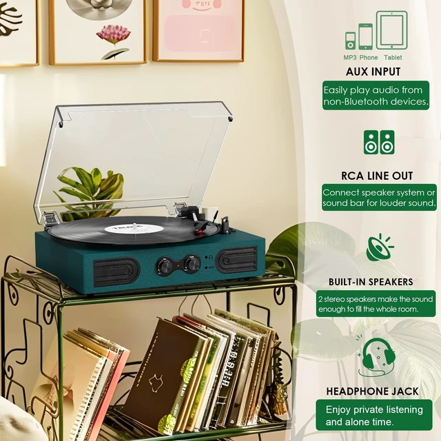 Alt view image 7 of 7 - Vinyl Record Player with Built-in Speakers 3-Speed Vintage Record Player Support Treble& Bass Control, 3.5mm Headphone Jack, RCA-Out/Aux in, Belt-Driven LP Turntable,Dark Green
