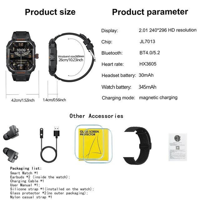 Alt view image 3 of 7 - Military Smart Watch with Earbuds for Men and Women,2'' Tactical Display,Sport Modes,Fitness Tracker,Heart Rate,Answer/Make Call, Sleep Monitor, SmartWatch, iOS & Android, + Nylon Band