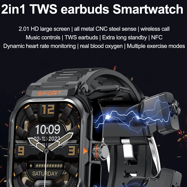 Alt view image 6 of 7 - Military Smart Watch with Earbuds for Men and Women,2'' Tactical Display,Sport Modes,Fitness Tracker,Heart Rate,Answer/Make Call, Sleep Monitor, SmartWatch, iOS & Android, + Nylon Band