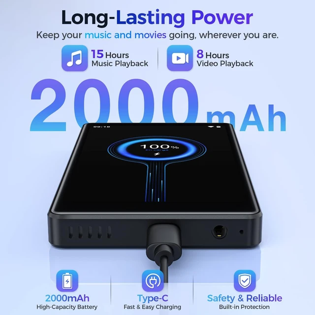 Alt view image 7 of 7 - MP3 Player with Bluetooth and WiFi, Android 14 Spotify Music Player for Music,Pandora, Audible. 4" Touchscreen,Speaker,16GB Memory,Supports Play Store,Up to 512GB