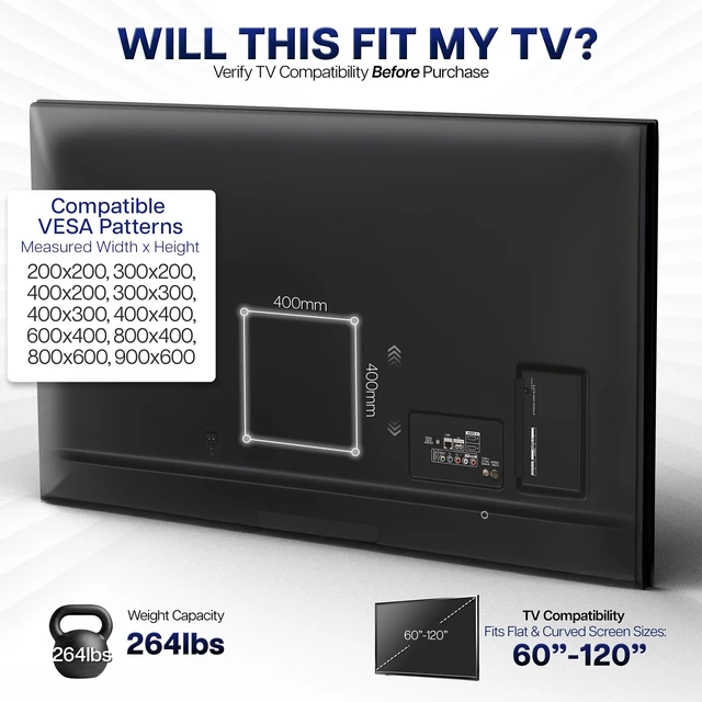 Alt view image 4 of 7 - Black 2-Stud TV Wall Mount for 60-120 in Screens, MOUNT-VW120M Heavy Duty, Fits LCD LED Flat & Curved Screens, Extended Arm Swivel Mount, Max VESA 900x600mm, Holds 264 lbs