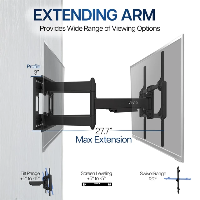 Alt view image 5 of 7 - Black 2-Stud TV Wall Mount for 60-120 in Screens, MOUNT-VW120M Heavy Duty, Fits LCD LED Flat & Curved Screens, Extended Arm Swivel Mount, Max VESA 900x600mm, Holds 264 lbs