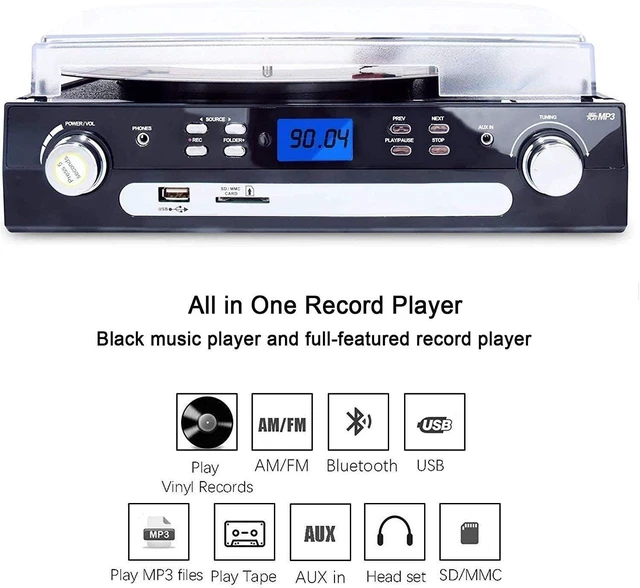 Alt view image 2 of 7 - 7-in-1 Bluetooth Record Player with Stereo Speakers, Turntable for Vinyl to MP3 with Cassette Play, AM/FM Radio, Remote Control, USB/SD Encoding, 3.5mm Music Output Jack