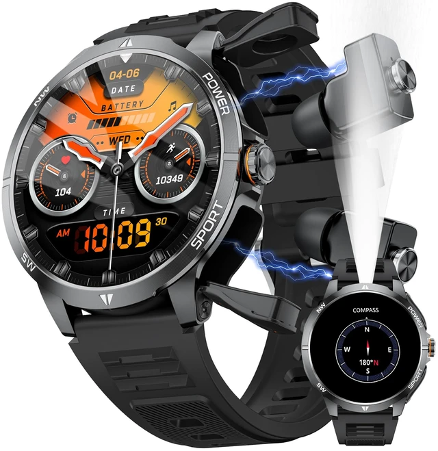 Main image of Military Smart Watch with Earbuds for Men and Women, Sleep Tracking Compass & FlashLight, BT Calling, 100+ Sports Modes, Fitness Tracker, Tactical Smartwatch Combo, Android iOS Compatible