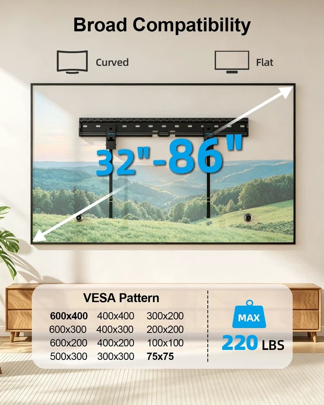 Alt view image 4 of 7 - No Drill No Stud TV Wall Mount for 32-86 Inch TV up to 220 lbs Non Damage Wall, Drywall TV Mount, Studless TV Mount, Max VESA 600x400mm, Easy Install Low Profile Wall Mount TV Bracket