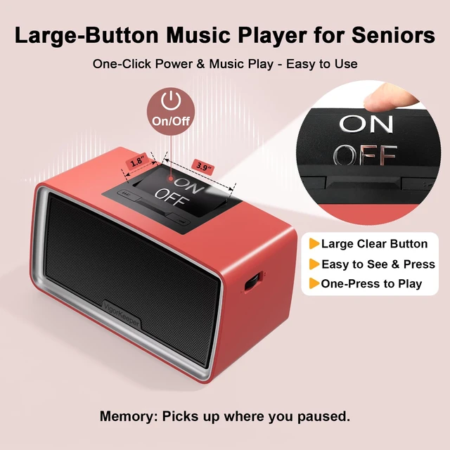Alt view image 2 of 7 - Simple Music Player for Dementia Alzheimer's Seniors Easy to Use Music Box for Elderly Parents, Large On/Off Button, Plug-and-Play, One-Touch Play, Loud Sound, 32GB TF Card