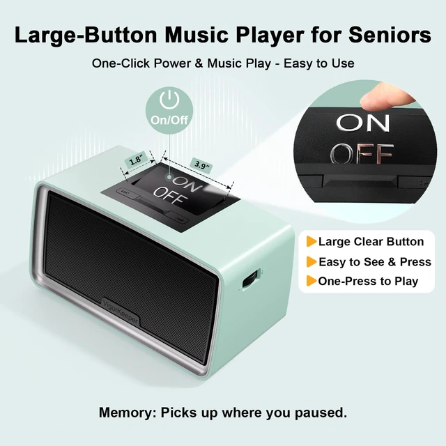 Alt view image 2 of 7 - Simple Music Player for Dementia Alzheimer's Seniors Easy to Use Music Box for Elderly Parents, Large On/Off Button, Plug-and-Play, One-Touch Play, Loud Sound, 32GB TF Card