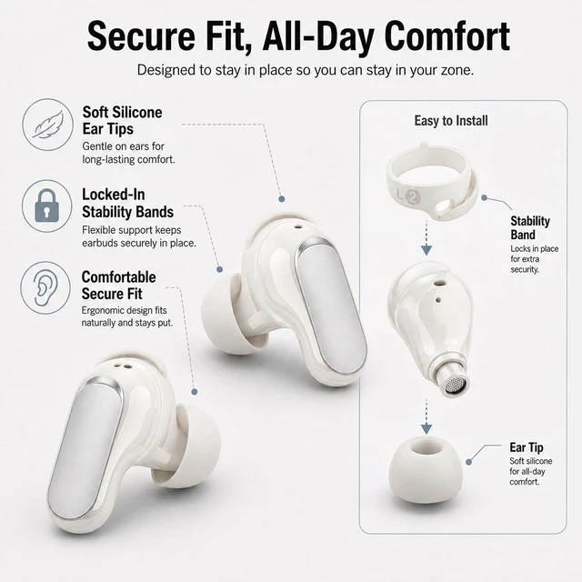 Alt view image 3 of 6 - 6 Pairs Ear Tips for Bose QuietComfort Ultra Earbuds 2 (2025) Silicone Anti-Slip Replacement Stability Bands for QC Ultra Earbuds (2023)/QC Earbuds II (2022) with Cleaning Pen - White