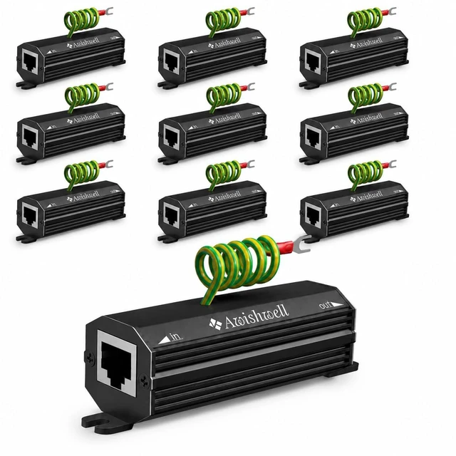 Main image of Gigabit Ethernet Surge Protector, PoE++ Metal Shielded Lightning Arrestor 20KA LAN Network Surge Protector-With Mounting Flange,10Pack CAT5/CAT6 Thunder Arrestor