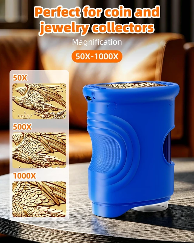 Alt view image 2 of 7 - Handheld Microscope with Lights Digital, Coin Magnifier for Collectors 1000X Magnifying Glass, 2-inch Screen, HD Display, Portable & Pocket, Photo Video Recording, PC Screen Connection, Blue