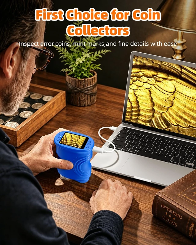 Alt view image 3 of 7 - Handheld Microscope with Lights Digital, Coin Magnifier for Collectors 1000X Magnifying Glass, 2-inch Screen, HD Display, Portable & Pocket, Photo Video Recording, PC Screen Connection, Blue