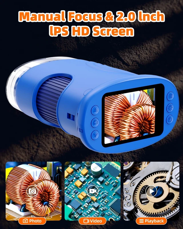 Alt view image 4 of 7 - Handheld Microscope with Lights Digital, Coin Magnifier for Collectors 1000X Magnifying Glass, 2-inch Screen, HD Display, Portable & Pocket, Photo Video Recording, PC Screen Connection, Blue