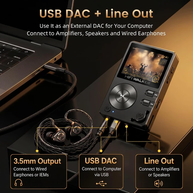 Alt view image 4 of 7 - H2 Hi-Res MP3 Player, 128GB microSD, ESS DAC, Bluetooth 5.2 Lossless digital audio player for local music: DSD128, FLAC, USB-C/USB DAC, 3.5mm headphone and line out; up to 512GB