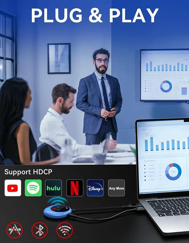 Alt view image 2 of 7 - Wireless HDMI Transmitter and Receiver, 4K Decode 1080P Output 2.4G/5G Plug & Play, 98FT/30M, for Streaming Video/Audio/Files, Audio Sync, USB-C to HDMI Adapter