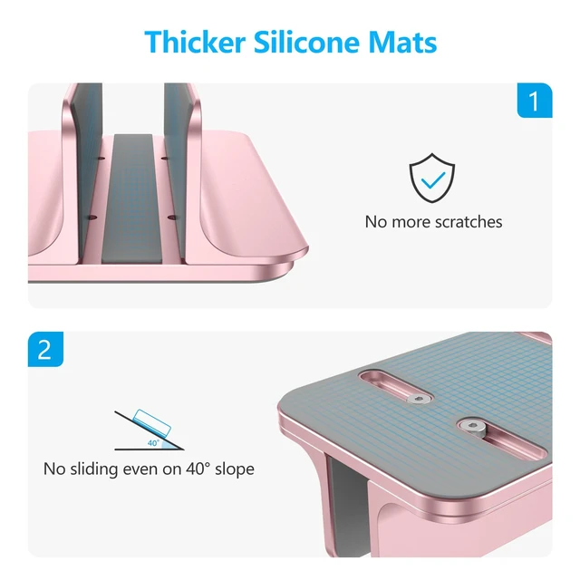 Alt view image 5 of 7 - Vertical Laptop Stand Holder, Adjustable Dock for MacBook, Rose Gold Aluminum Stand for MacBook Stand, Fits Chromebook & Gaming Laptops up to 17.3 in, Office Desk Organization, Space-Saving
