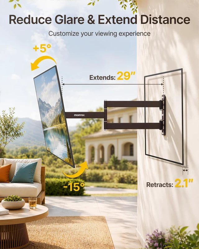 Alt view image 4 of 7 - Outdoor 29 Inch Long Arm TV Wall Mount for 23-65 Inch TV, & Indoor Long Arm Weatherproof Bracket, 96H Salt Spray Tested, Stainless Steel Screws, Swivel Tilt Leveling, Max VESA 400x400mm,77 lbs