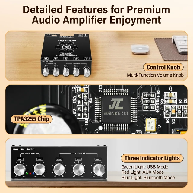 Alt view image 6 of 7 - AS21HPA 2.1 Channel Bluetooth Amplifier Board, 300W*2+600W Peak Power Home Audio Amplifier Board, Amp Wide Voltage Input 19-51V,Supports USB/AUX/BT Input for DIY Wireless Speaker