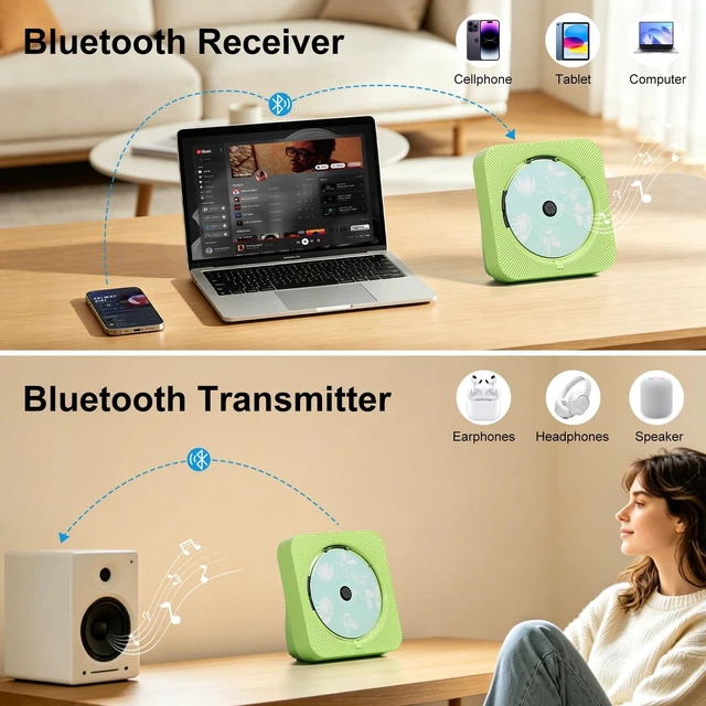 Alt view image 3 of 7 - CD Player Portable Bluetooth 5.1 Desktop CD Player with HiFi Sound Speakers,Remote Control,Dust Cover,LED Display,Boombox FM Radio,USB/AUX for Home,Kids (Green)