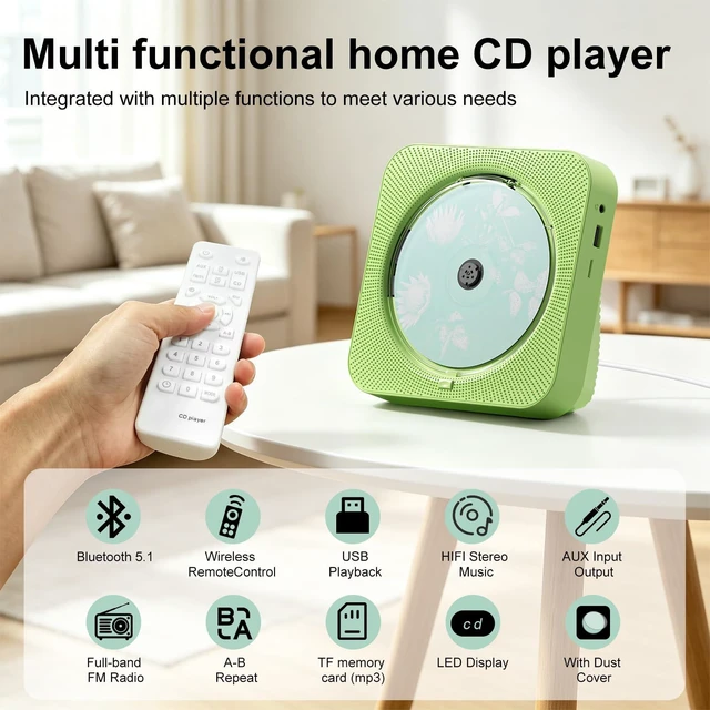 Alt view image 6 of 7 - CD Player Portable Bluetooth 5.1 Desktop CD Player with HiFi Sound Speakers,Remote Control,Dust Cover,LED Display,Boombox FM Radio,USB/AUX for Home,Kids (Green)