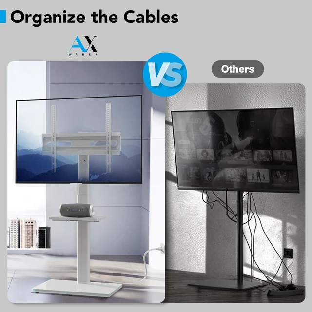 Alt view image 5 of 7 - Floor TV Stand with Power Outlet& Shelf, Universal TV Stand Mount for 27-65 inch TV up to 88lbs, 70 Degree Swivel 9 Level Height Adjustable with Tempered Glass Base for Bedroom, Office White