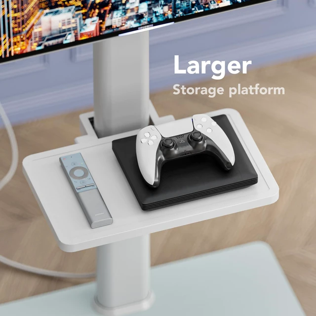 Alt view image 6 of 7 - Floor TV Stand with Power Outlet& Shelf, Universal TV Stand Mount for 27-65 inch TV up to 88lbs, 70 Degree Swivel 9 Level Height Adjustable with Tempered Glass Base for Bedroom, Office White
