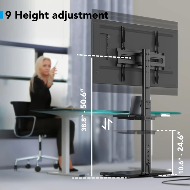 Alt view image 3 of 7 - Floor TV Stand with Power Outlet& Shelf, Universal TV Stand Mount for 27-65 inch TV up to 88lbs, 70 Degree Swivel 9 Level Height Adjustable with Tempered Glass Base for Bedroom, Office Black
