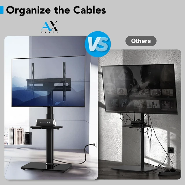 Alt view image 5 of 7 - Floor TV Stand with Power Outlet& Shelf, Universal TV Stand Mount for 27-65 inch TV up to 88lbs, 70 Degree Swivel 9 Level Height Adjustable with Tempered Glass Base for Bedroom, Office Black