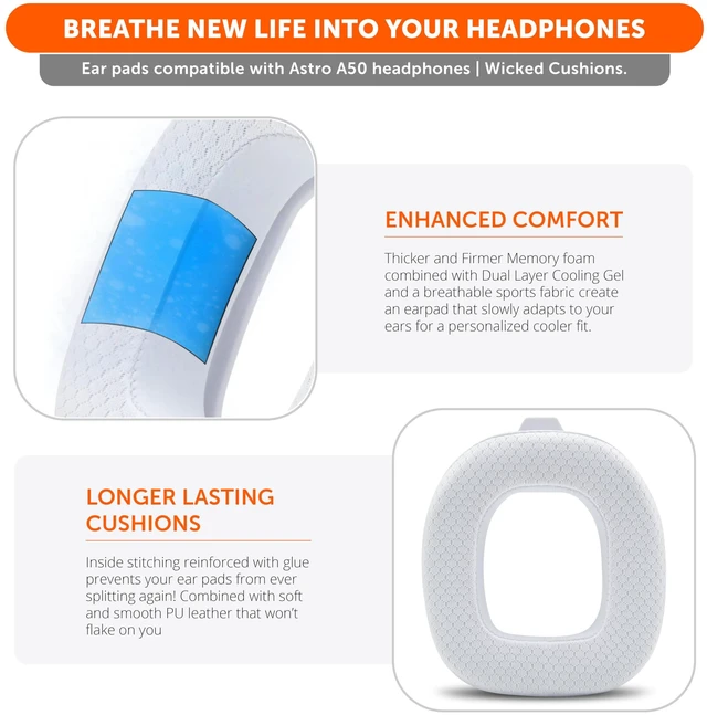 Alt view image 4 of 7 - Mod Kit A50 - Earpads & Headband for Astro A50 Gen 4/5 / A50x Made by Wicked Cushions Cooling Gel Earpads and Matching Headband that offer Enhanced Comfort & Durability White