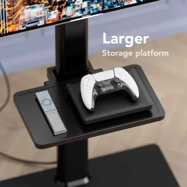 Alt view image 6 of 7 - Floor TV Stand with Power Outlet& Shelf, Universal TV Stand Mount for 27-65 inch TV up to 88lbs, 70 Degree Swivel 9 Level Height Adjustable with Tempered Glass Base for Bedroom, Office Black