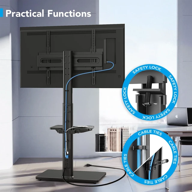 Alt view image 7 of 7 - Floor TV Stand with Power Outlet& Shelf, Universal TV Stand Mount for 27-65 inch TV up to 88lbs, 70 Degree Swivel 9 Level Height Adjustable with Tempered Glass Base for Bedroom, Office Black