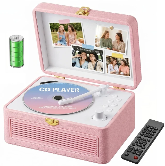 Main image of Portable CD Player with Bluetooth 5.4, 3600mAh Rechargeable Battery Hi-Fi speakers,FM Radio, Leather retro suitcase style,Vintage CD Music Kpop Player,gift idea for music lovers,home decor