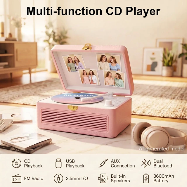 Alt view image 2 of 7 - Portable CD Player with Bluetooth 5.4, 3600mAh Rechargeable Battery Hi-Fi speakers,FM Radio, Leather retro suitcase style,Vintage CD Music Kpop Player,gift idea for music lovers,home decor