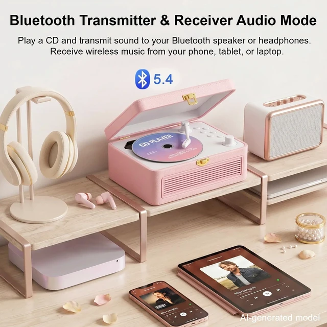 Alt view image 4 of 7 - Portable CD Player with Bluetooth 5.4, 3600mAh Rechargeable Battery Hi-Fi speakers,FM Radio, Leather retro suitcase style,Vintage CD Music Kpop Player,gift idea for music lovers,home decor