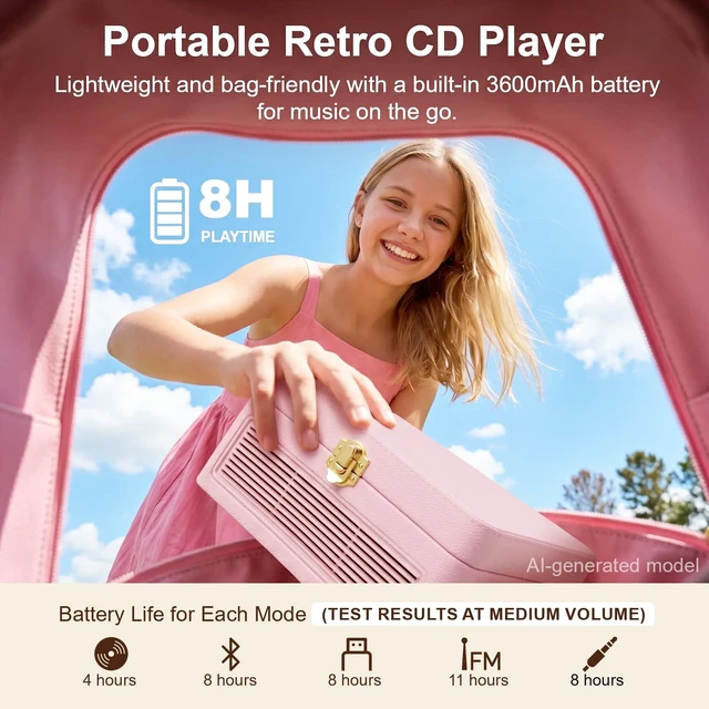 Alt view image 5 of 7 - Portable CD Player with Bluetooth 5.4, 3600mAh Rechargeable Battery Hi-Fi speakers,FM Radio, Leather retro suitcase style,Vintage CD Music Kpop Player,gift idea for music lovers,home decor