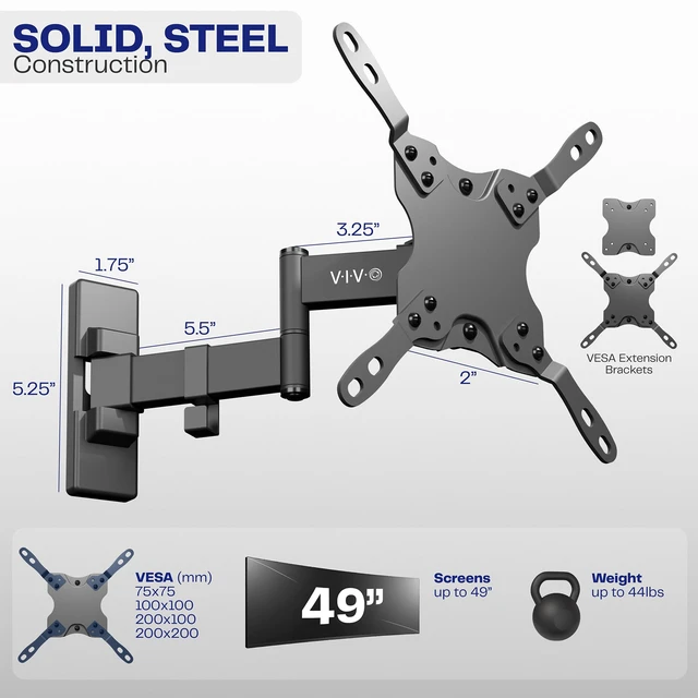 Alt view image 3 of 7 - Black Single Ultrawide Wall Mount, Up to 49 in Screens, MOUNT-VW06 Tilt & Swivel Arm, Low Profile, Monitor Wall Mount with 10.8 in Extension, Max VESA 200x200mm, Holds 44 lbs