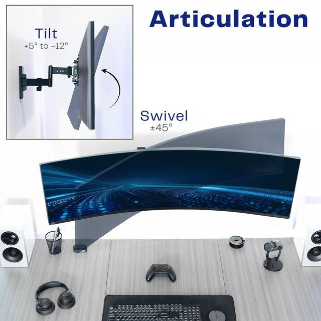 Alt view image 5 of 7 - Black Single Ultrawide Wall Mount, Up to 49 in Screens, MOUNT-VW06 Tilt & Swivel Arm, Low Profile, Monitor Wall Mount with 10.8 in Extension, Max VESA 200x200mm, Holds 44 lbs