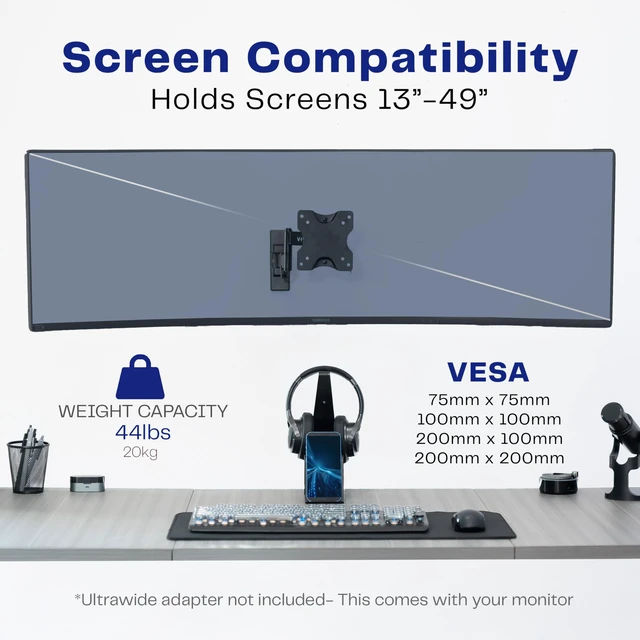 Alt view image 4 of 7 - Black Single Ultrawide Wall Mount, Up to 49 in Screens, MOUNT-VW06 Tilt & Swivel Arm, Low Profile, Monitor Wall Mount with 10.8 in Extension, Max VESA 200x200mm, Holds 44 lbs
