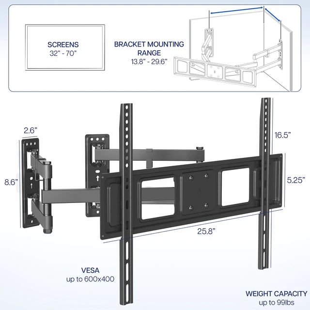 Alt view image 4 of 7 - Black Corner TV Wall Mount for 37-70 in Screens, MOUNT-CR70C Sturdy Steel Dual Arm Design, Full Motion TV Mount for LCD LED Plasma Flat & Curved Screens, Max VESA 600x400mm, Holds 99 lbs