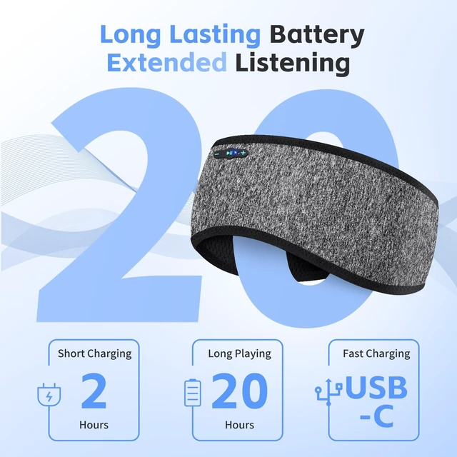 Alt view image 2 of 7 - Sleep Headphones Bluetooth 6.0 Headband for Side Sleepers (Gray & Gray) 200mah cell for 20hr playback, 3mm ultra-thin speaker & mic, HD stereo, removable & washable, 2-in-1 sport & sleep headband