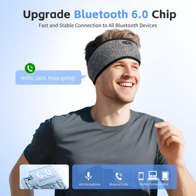 Alt view image 4 of 7 - Sleep Headphones Bluetooth 6.0 Headband for Side Sleepers (Gray & Gray) 200mah cell for 20hr playback, 3mm ultra-thin speaker & mic, HD stereo, removable & washable, 2-in-1 sport & sleep headband