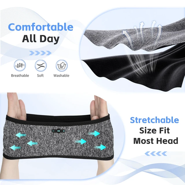 Alt view image 5 of 7 - Sleep Headphones Bluetooth 6.0 Headband for Side Sleepers (Gray & Gray) 200mah cell for 20hr playback, 3mm ultra-thin speaker & mic, HD stereo, removable & washable, 2-in-1 sport & sleep headband