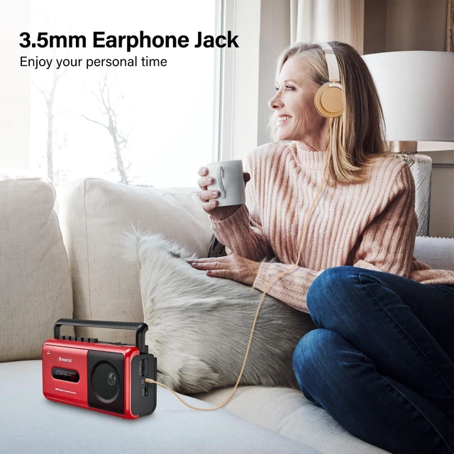Alt view image 6 of 6 - Portable Cassette Tape Player Recorder, AM/FM Radio Cassette Player Boombox with Built in Speaker, Headphone Jack, AC or Battery Operated Tape Player, Red