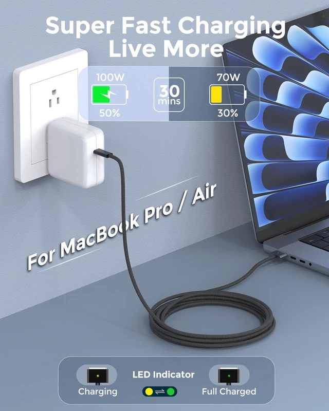 Alt view image 7 of 7 - Charger for MacBook Air 13.6 15 inch Mac Book Pro 14 16 inch 2025 2024 2023 2022 2021 M5 M4 M3 M2 M1, Super Compact, 6.6FT USB C to Powerful Magnetic 3 Braided Cable, Original Quality, Space Black