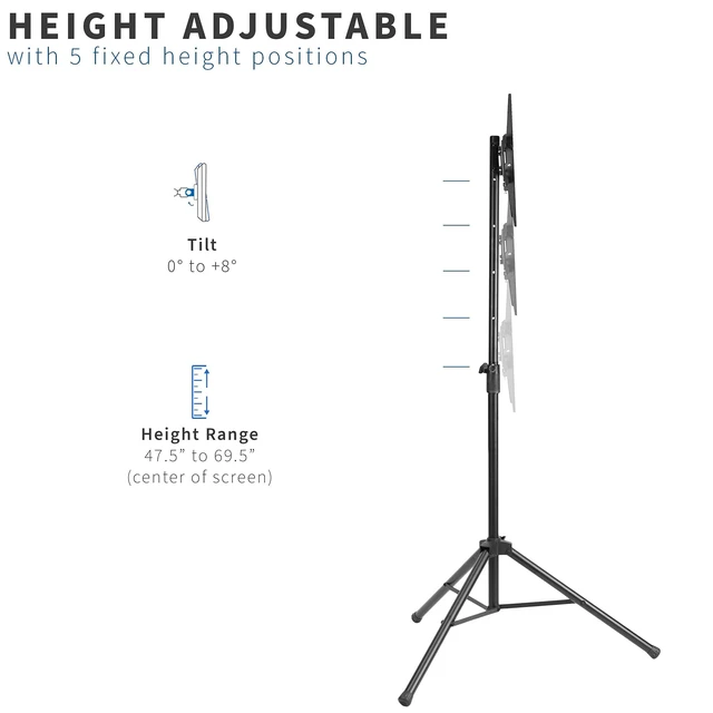Alt view image 3 of 7 - Tripod 32 to 55 inch LCD LED Flat Screen TV Display Floor Stand, Portable Height Adjustable Mount, Black, STAND-TV55T