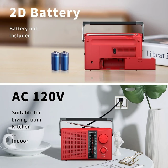 Alt view image 6 of 7 - Portable AM FM Radio with Best Reception AC & Battery Operated Big Speaker,Large Tuning Knob,Clear Dial,Earphone Jack for Gift (Red)
