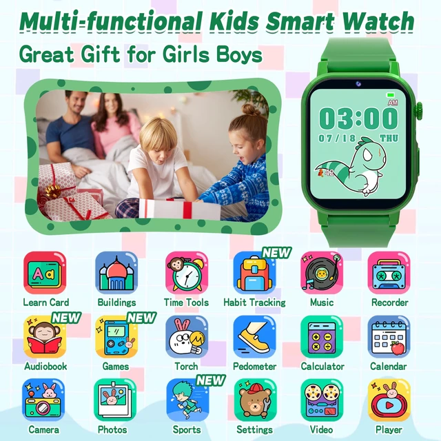 Alt view image 2 of 7 - Kids Smart Watch with 32 Puzzle Games, Video, HD Camera, Pedometer 1.69" Touch Screen Kids Watches, Alarm Clock, Audiobooks, Music, Flashlight, Educational Toys Gifts for Boys Girls Age 3-12